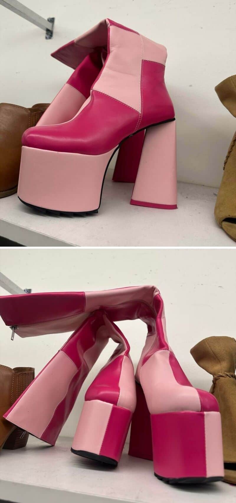 Pink and red high-heeled platform shoes with chunky heels on display.