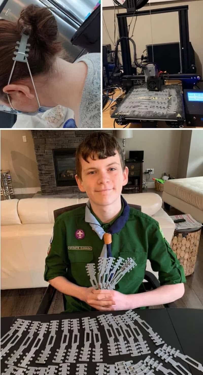 Girl with 3D printed headgear, 3D printer, and boy with 3D printed objects.