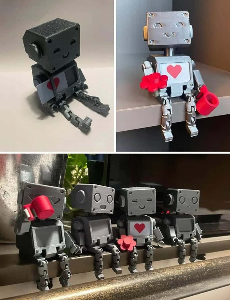 Cute robot toys with heart symbols and accessories, sitting and standing.