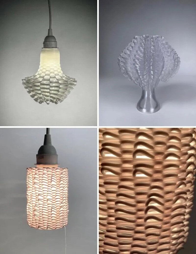 Various 3D-printed lamps with unique designs and textures.