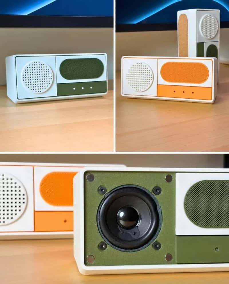 Colorful 3D-printed speaker designs with various shapes and colors.