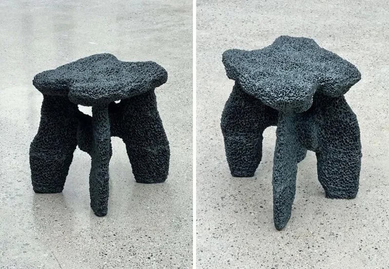 3D-printed black stool with three legs and textured surface, shown from two angles.