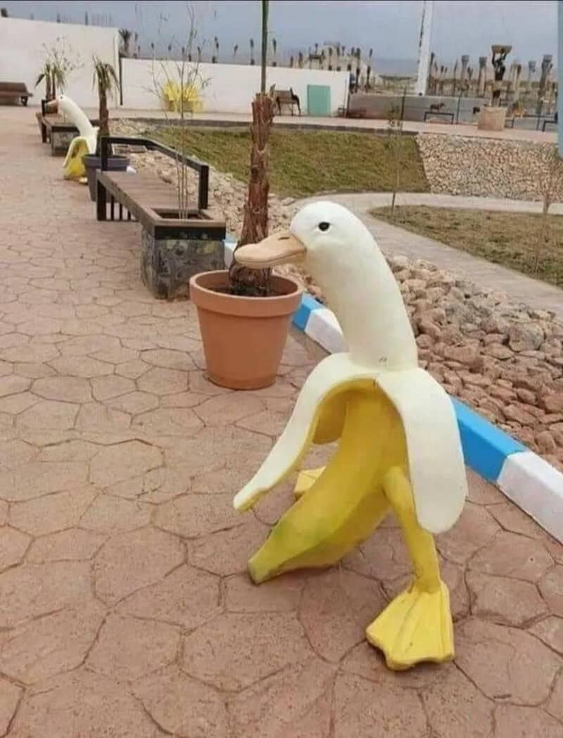 Duck sculpture with banana body and duck head in a park setting.