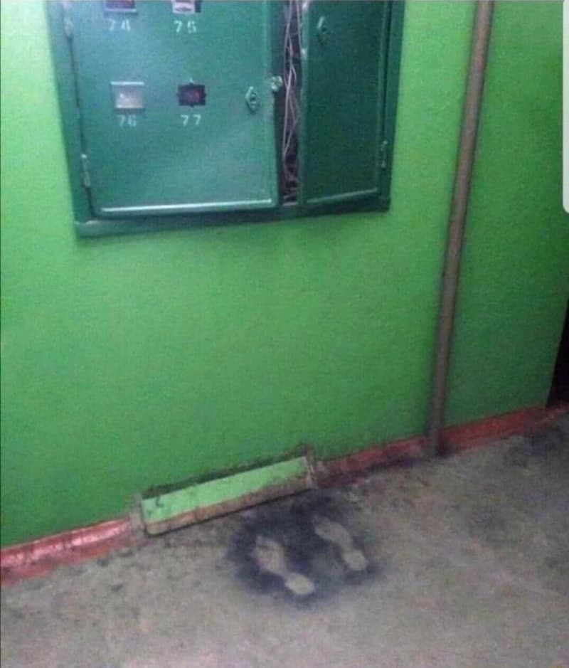 Green electrical panel on a green wall with a dark stain on the floor below.