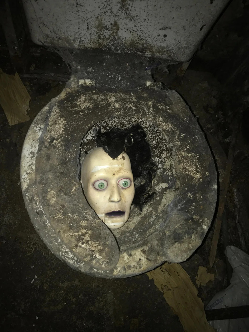 Creepy doll head with wide eyes and open mouth in a dirty toilet bowl.