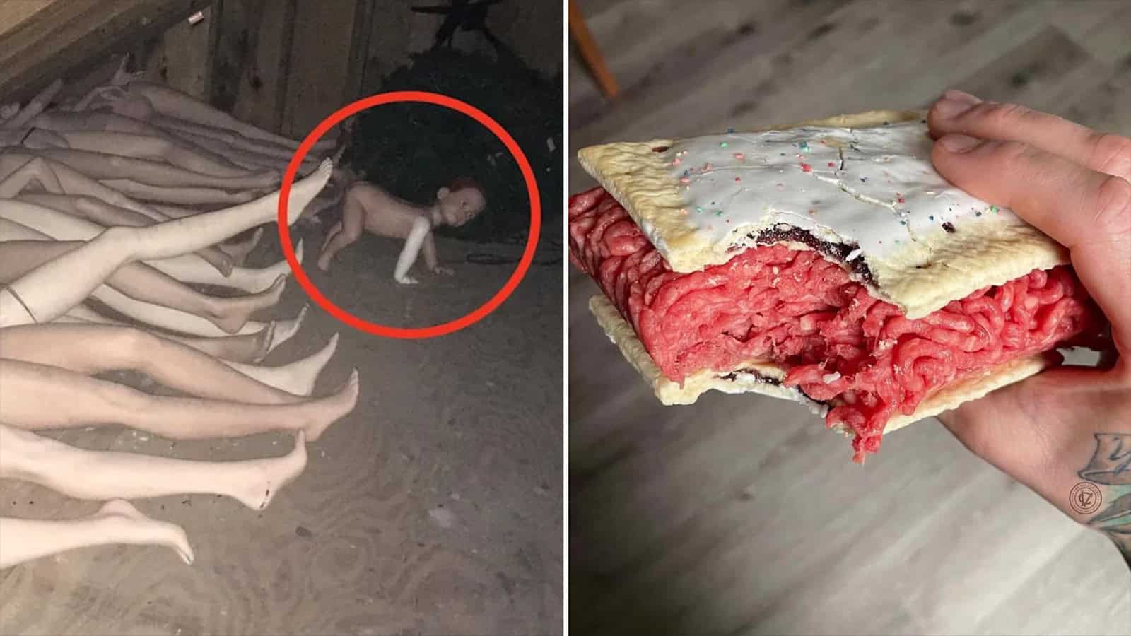 Creepy image of a girl crawling on the floor and a hand holding a red cake.