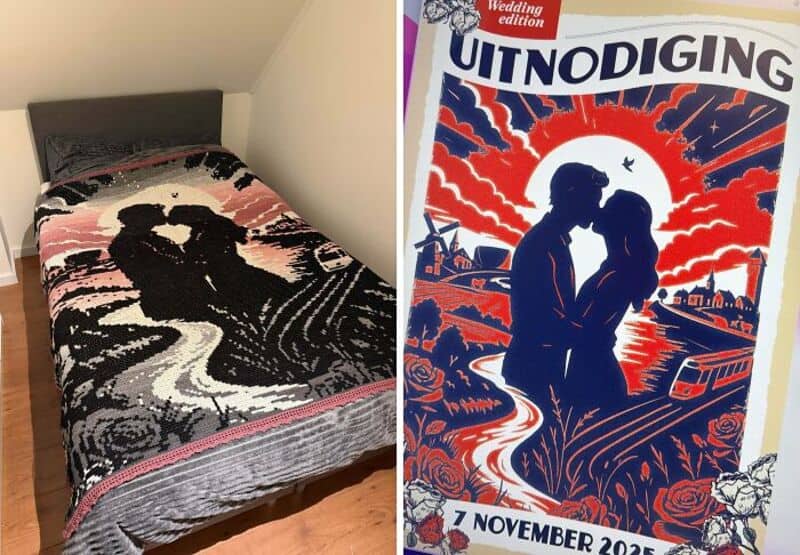 Crochet blanket with a silhouette of a couple on a riverbank at sunset.