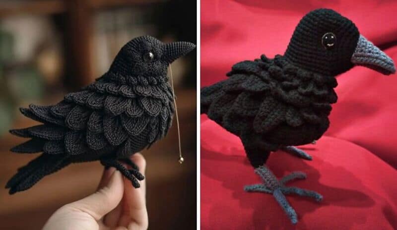 Two black crochet bird toys with detailed feathers and beaks.