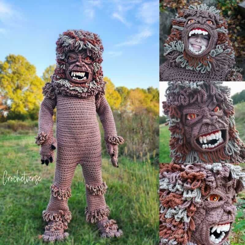 Crochet monster costume with detailed face and body, outdoors in a field.