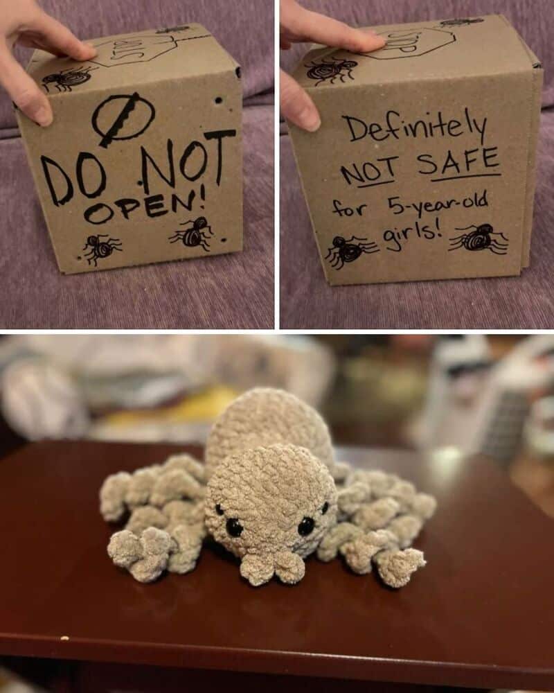Handmade crochet octopus toy with a cardboard box warning not to open for 5-year-old girls.
