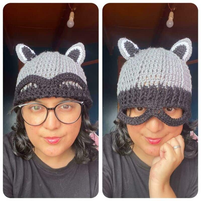 Woman wearing a crochet raccoon hat and glasses, smiling in two photos.