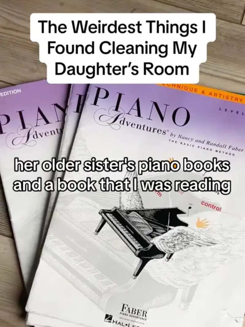Photo of piano books and a book with a swan on the cover, with text about cleaning a daughter's room.