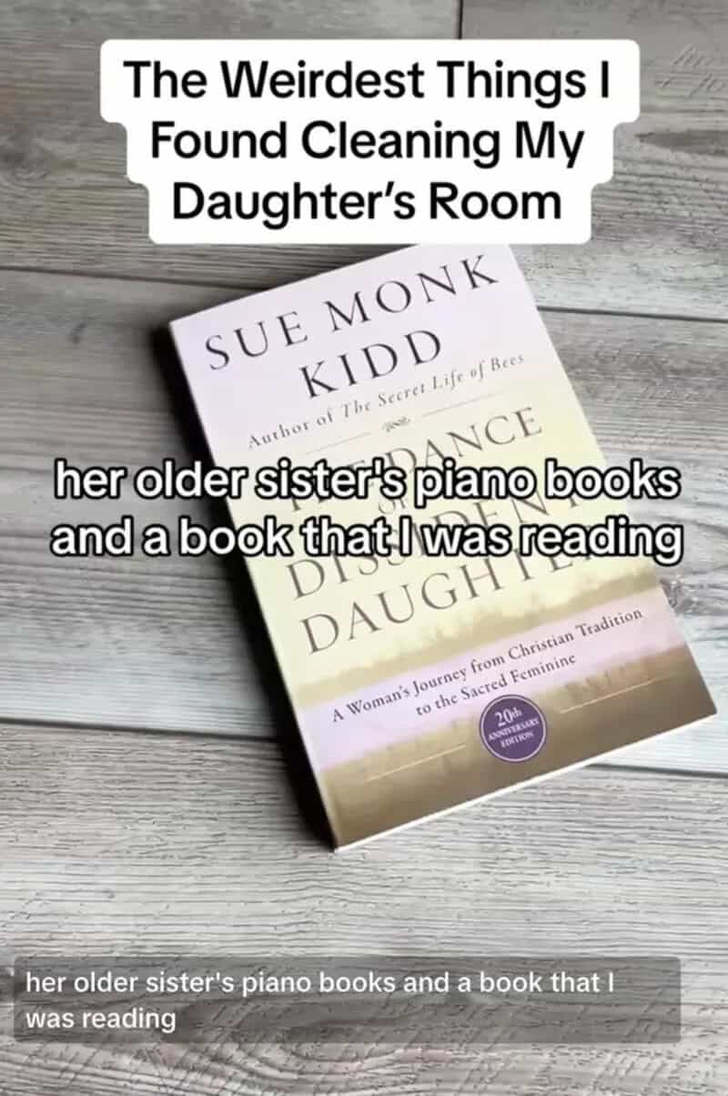 Book titled 'The Dance of the Dissident Daughter' on a wooden floor with text overlay.