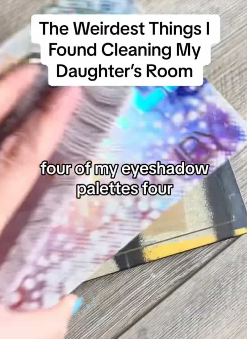 The weirdest things I found cleaning my daughter's room, four eyeshadow palettes.