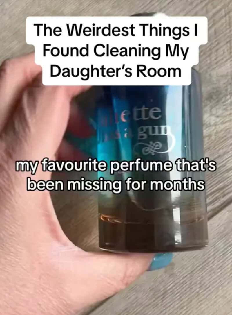 A hand holding a perfume bottle with text about cleaning a daughter's room.