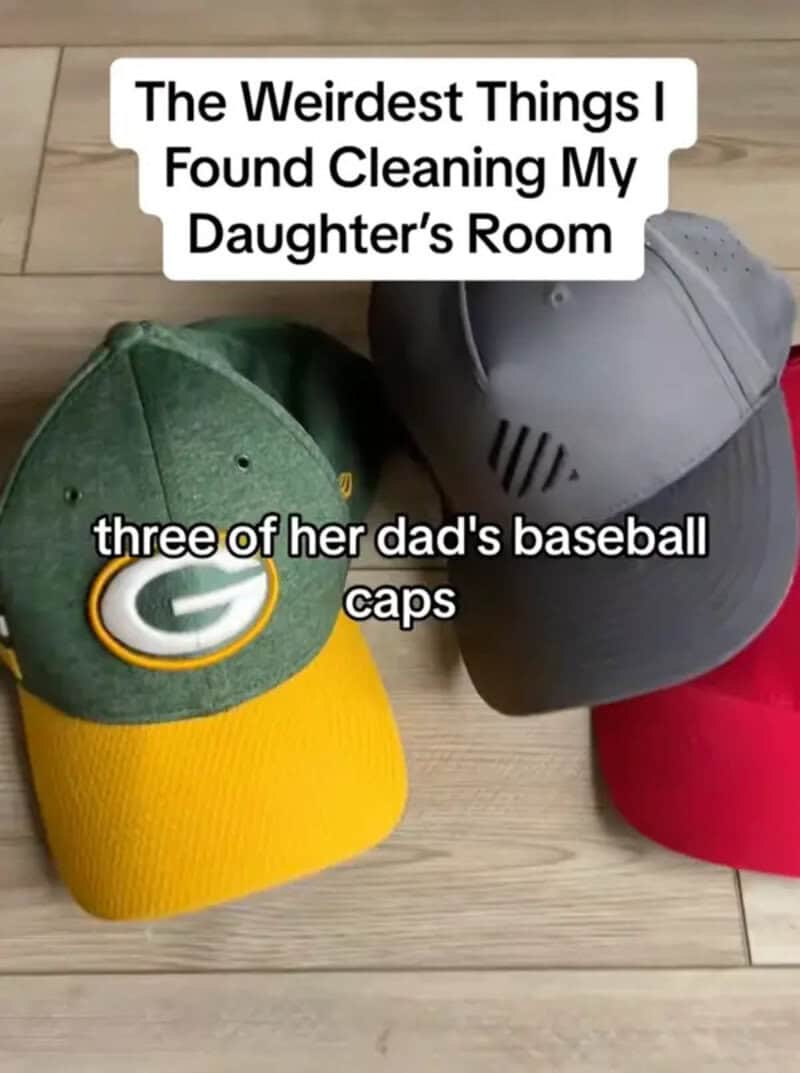 Three baseball caps found in a daughter's room, one green and yellow, one gray, and one red.