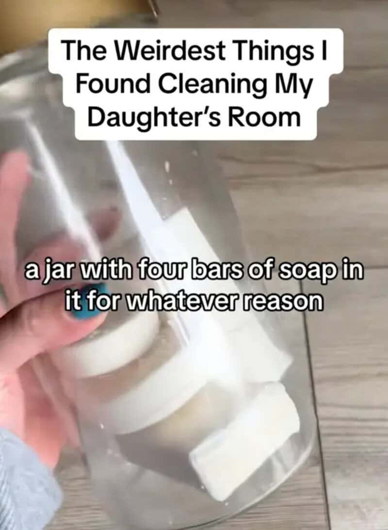 A jar with four bars of soap in it, with text about cleaning a daughter's room.