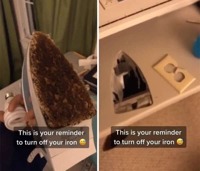 Reminder to turn off your iron with a burnt toast and an unplugged iron.
