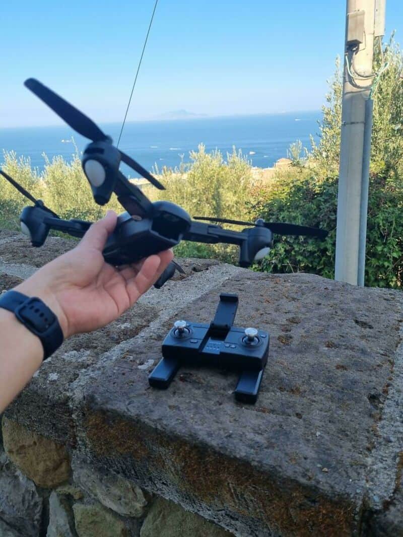 Person holding a drone with a view of the sea and trees in the background.