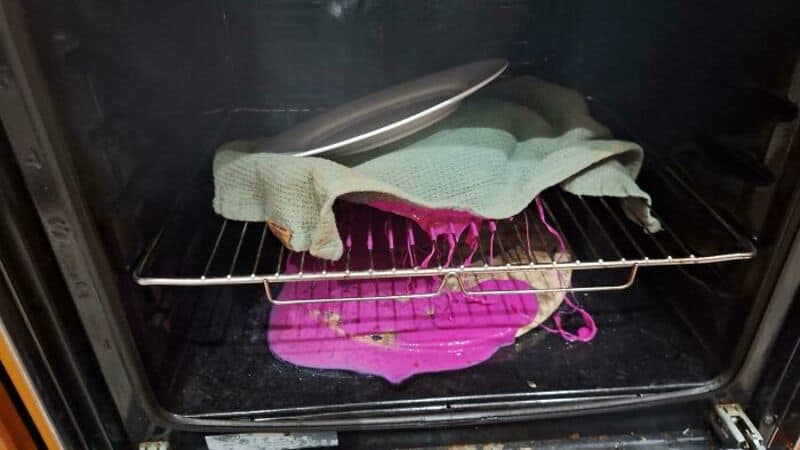 A pink plastic bag with a fish inside, in an oven with a towel on top.