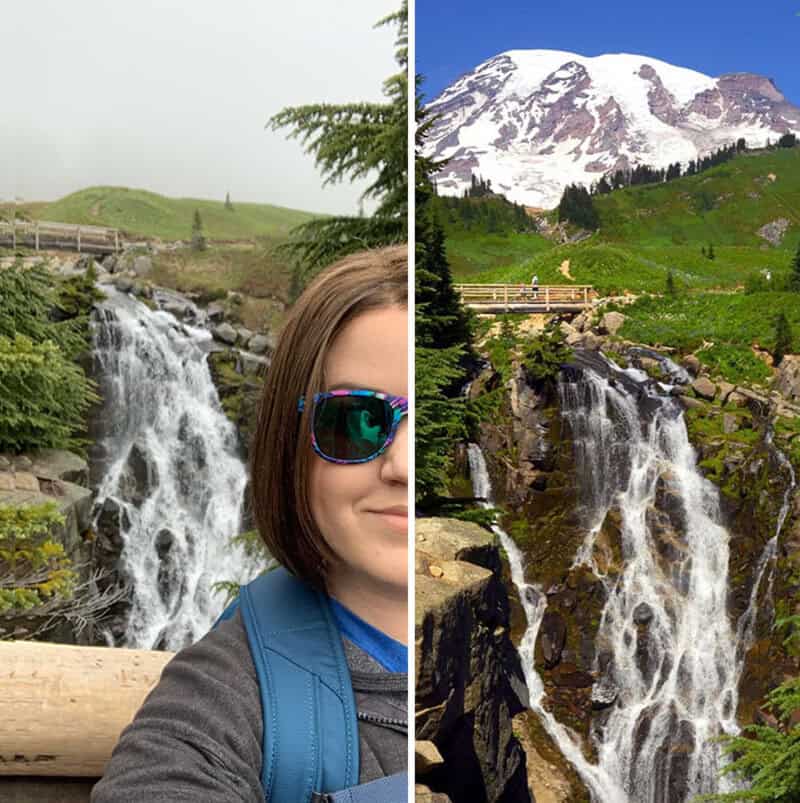 Split image of a woman with sunglasses and a backpack, and a mountain with waterfalls.