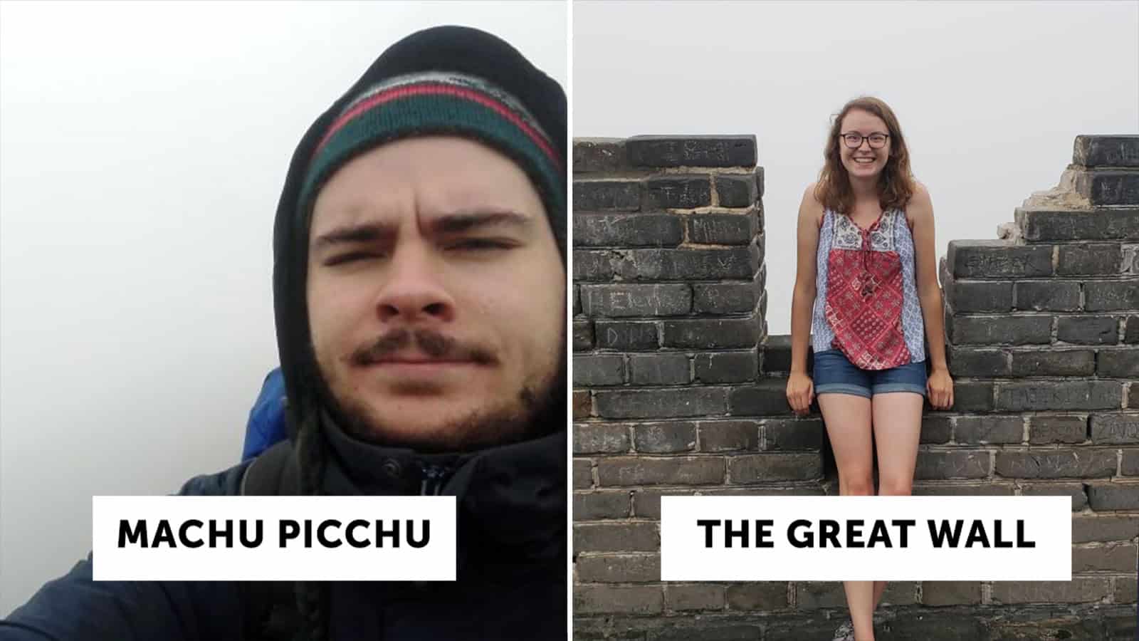 Machu Picchu and The Great Wall with travelers posing.