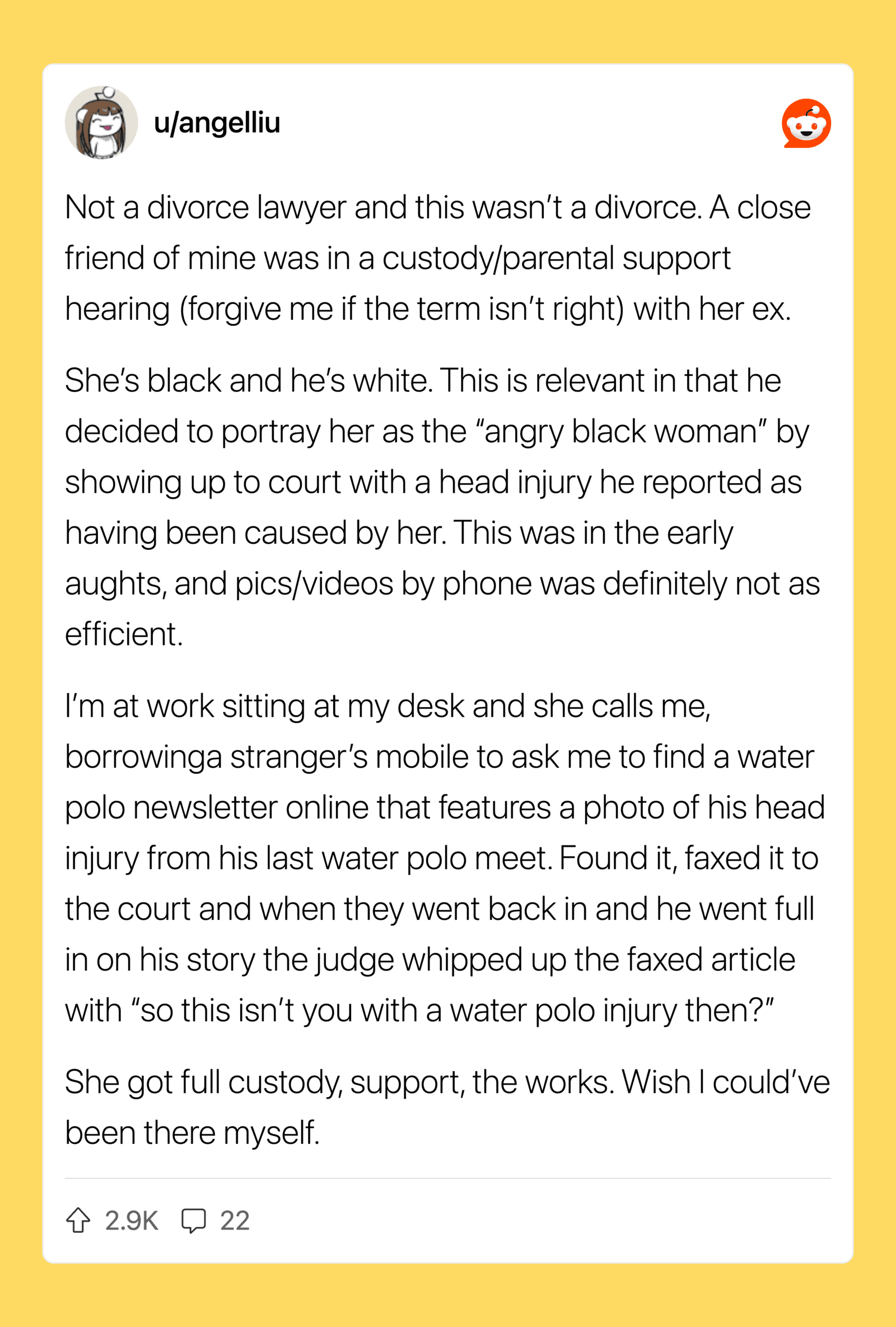 A woman calls her ex during work about a water polo injury from a custody/support hearing.
