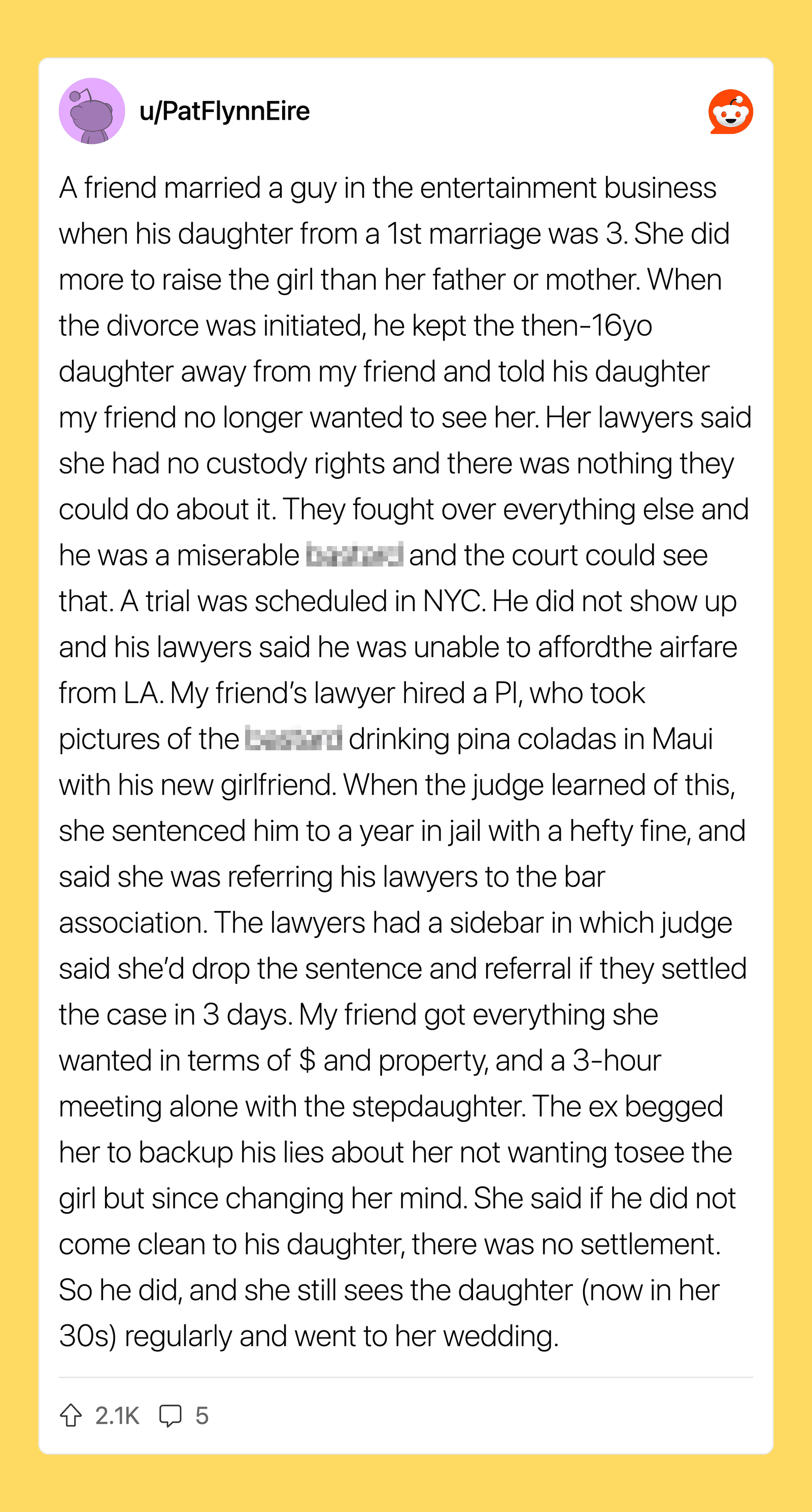 Friend's divorce story about her 1st marriage, daughter, and legal issues.