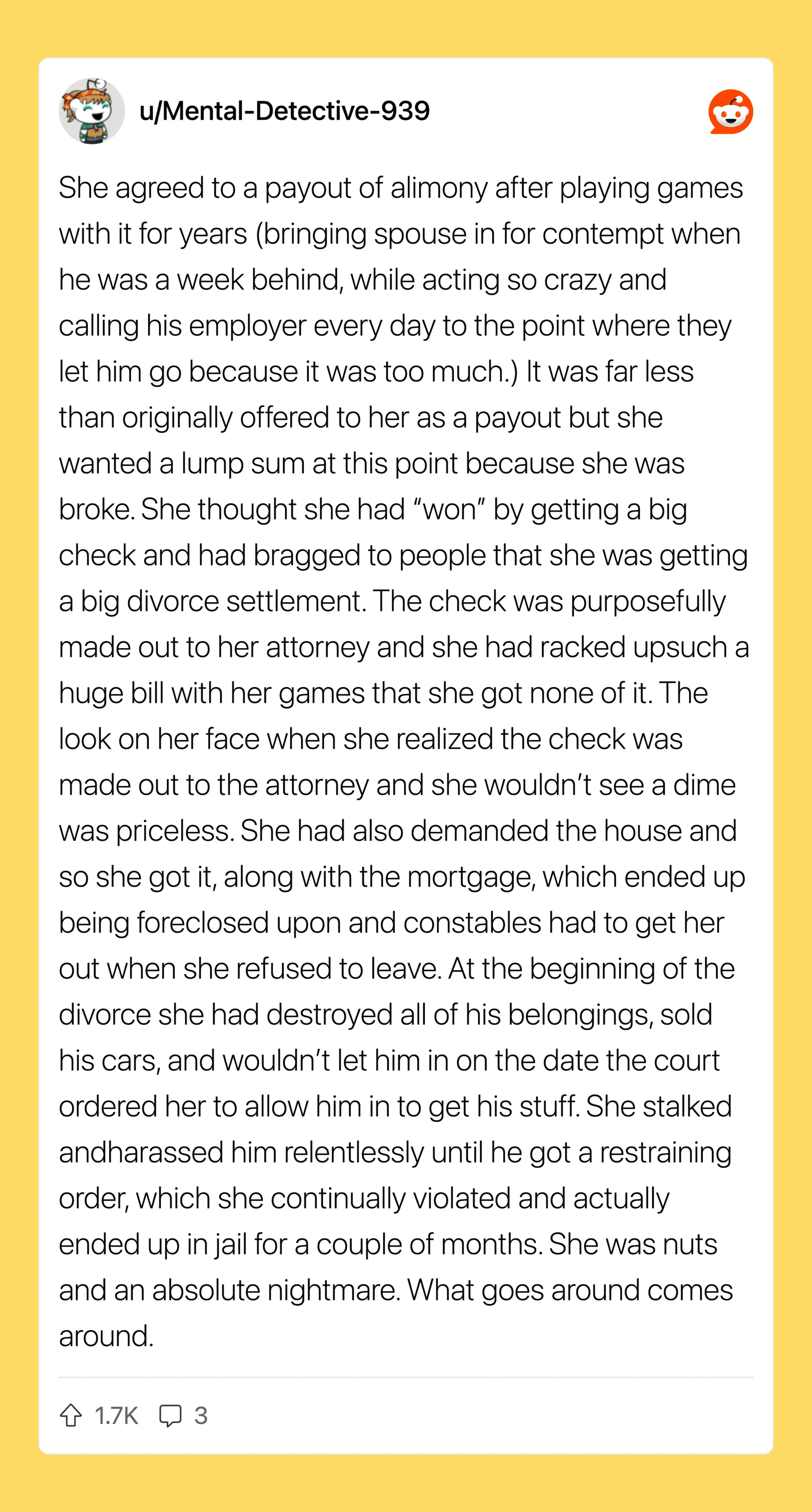 She agreed to a payout of alimony after playing games with it for years.
