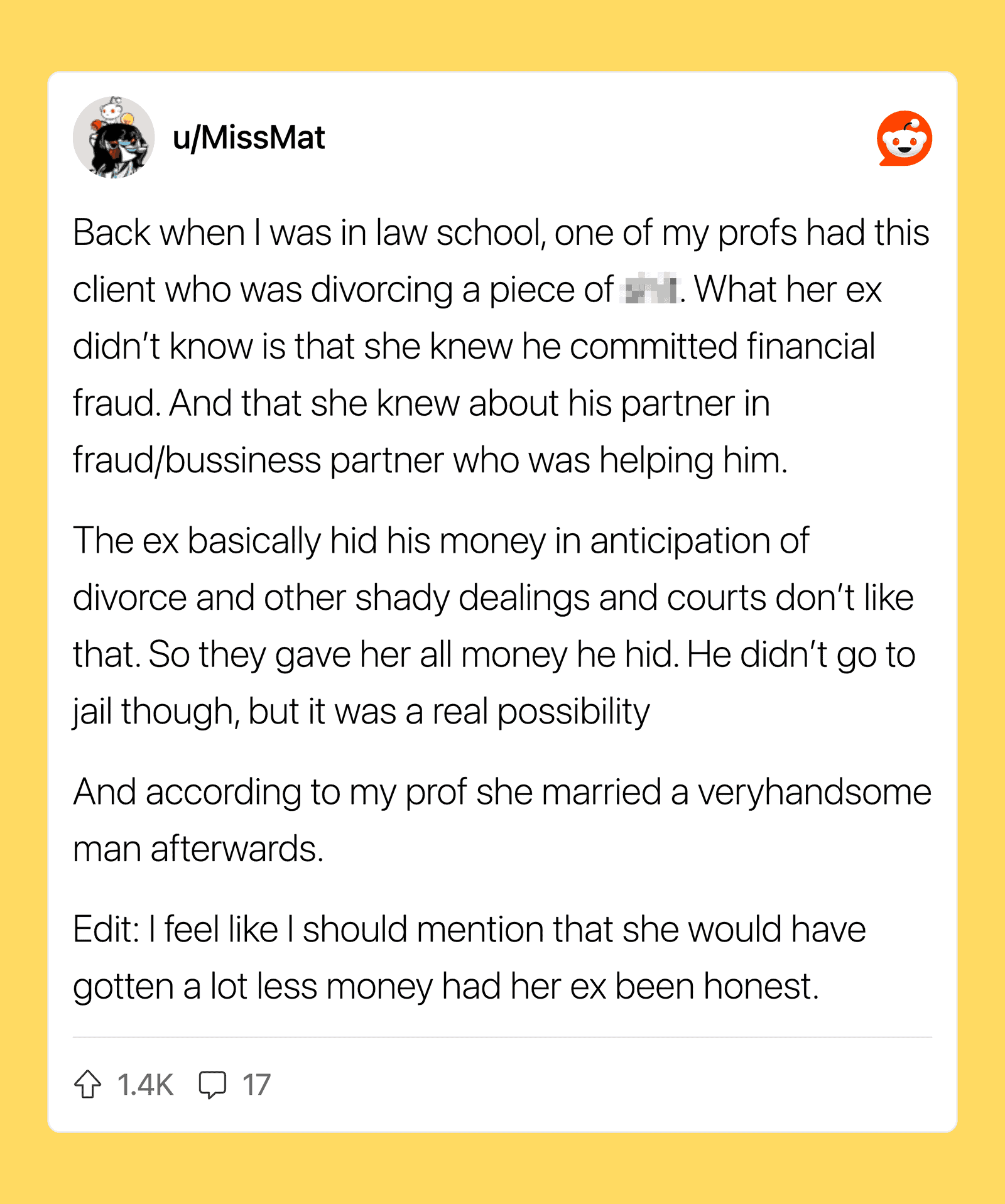 Reddit post by u/MissMat about a lawyer client involved in financial fraud and divorce.