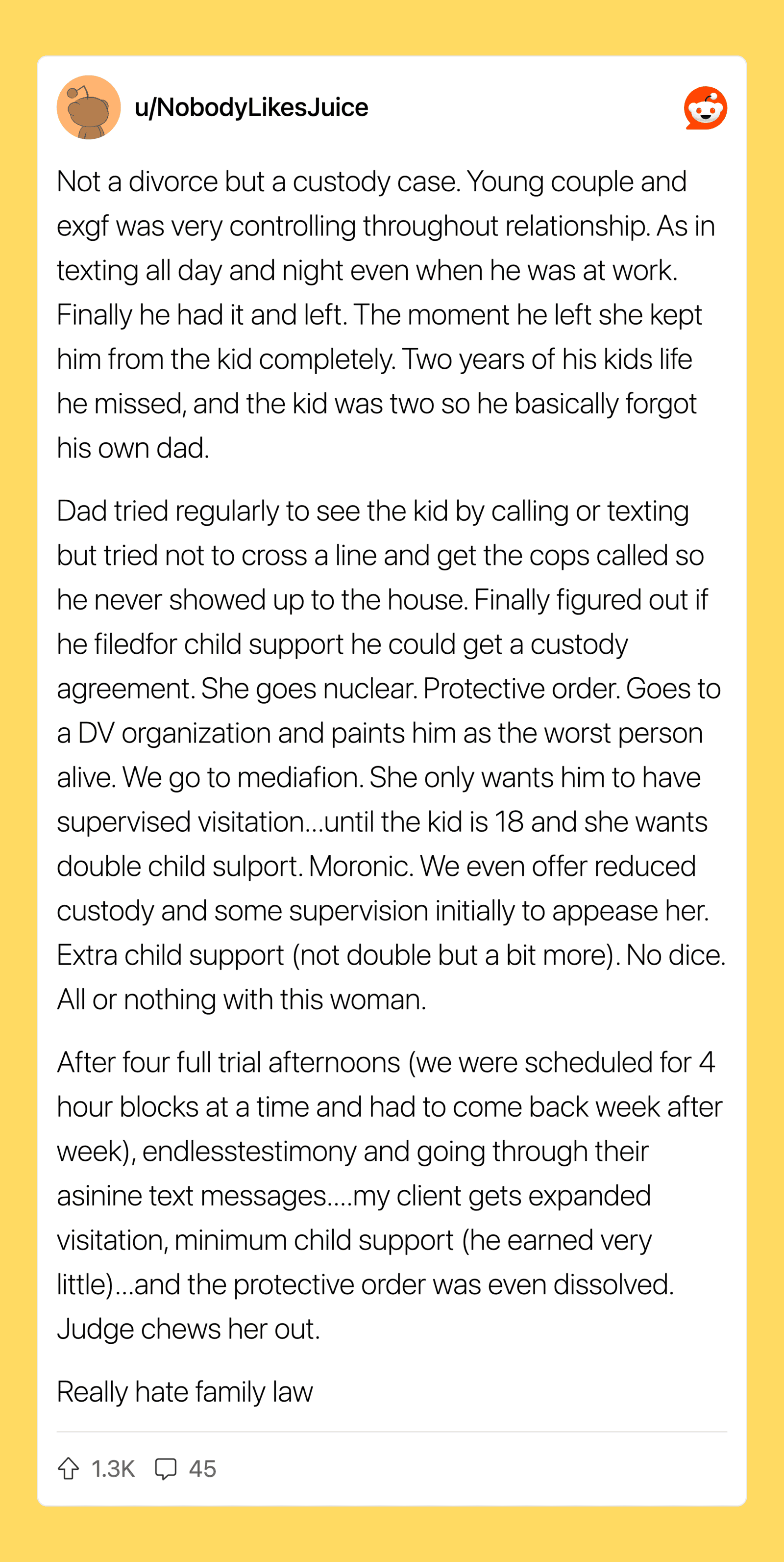 A detailed story about a custody case involving a couple and their child, with emotional details.