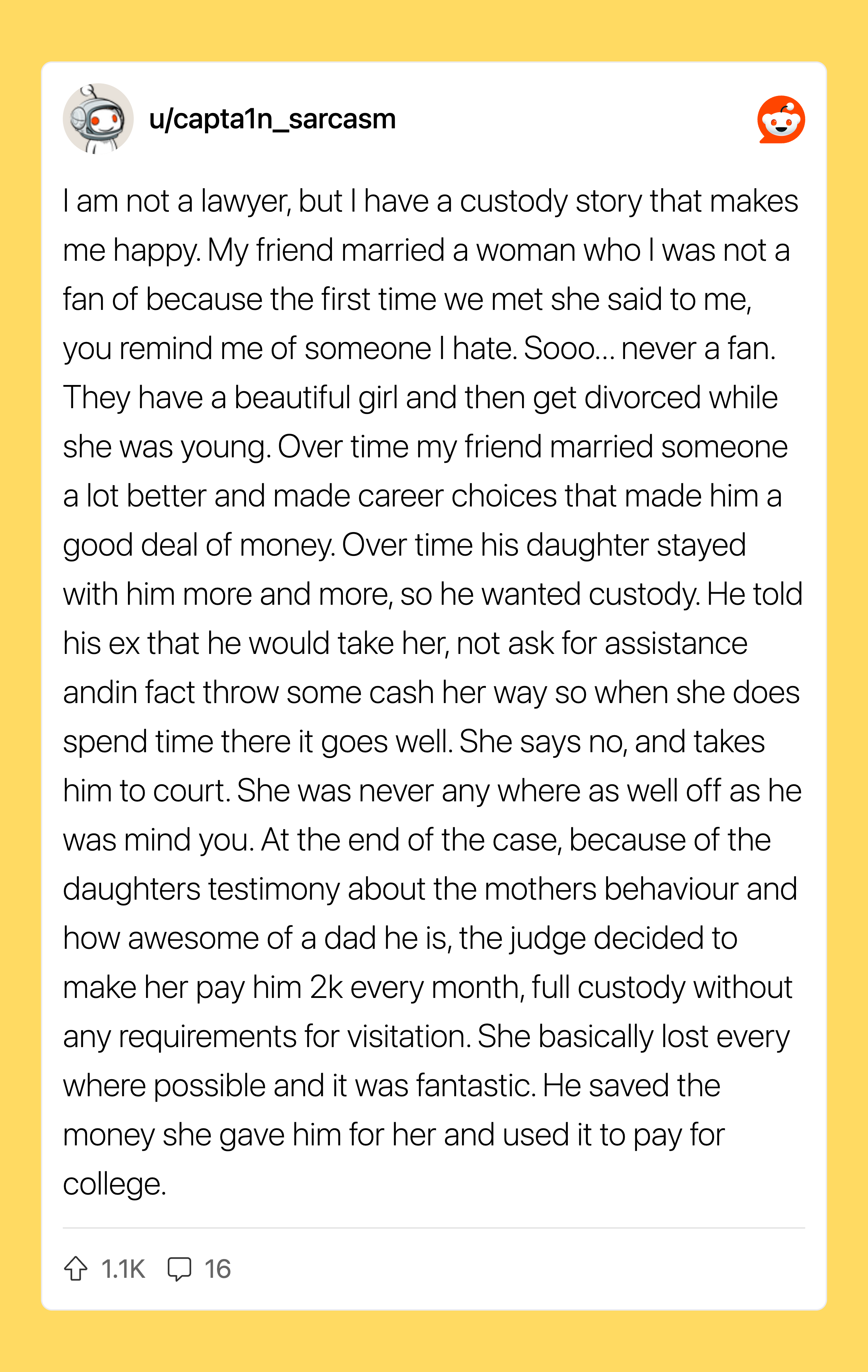 A Reddit post by u/captain_sarcasm about a custody story involving a divorced couple.