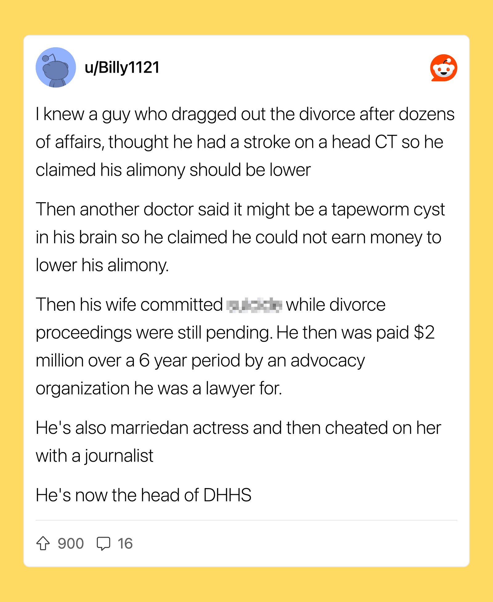 A Reddit post about a man who faked a stroke to lower his alimony during divorce.