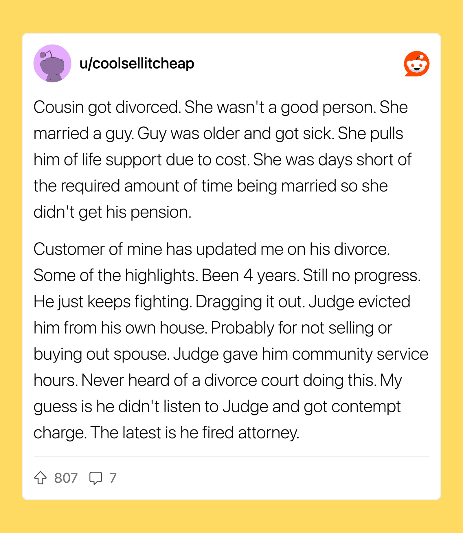 Reddit post about cousin's divorce, highlighting ongoing issues and legal actions.