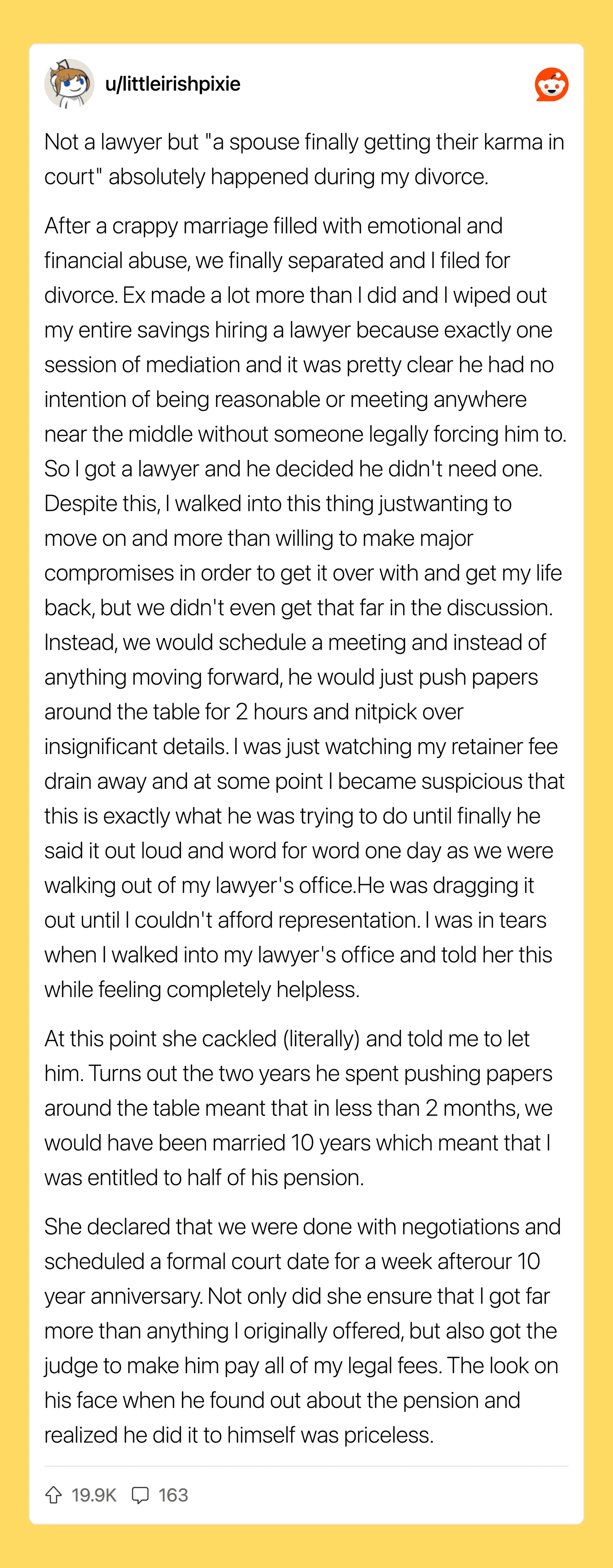 A screenshot of a social media post about divorce, with a detailed story about legal and emotional,.