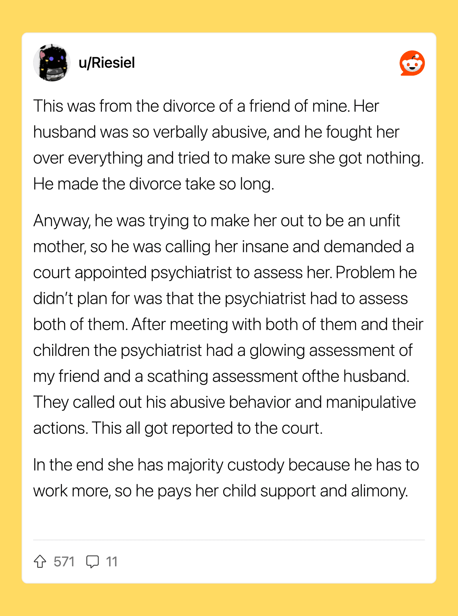 Story of a friend's divorce, abusive husband, court, and custody issues.