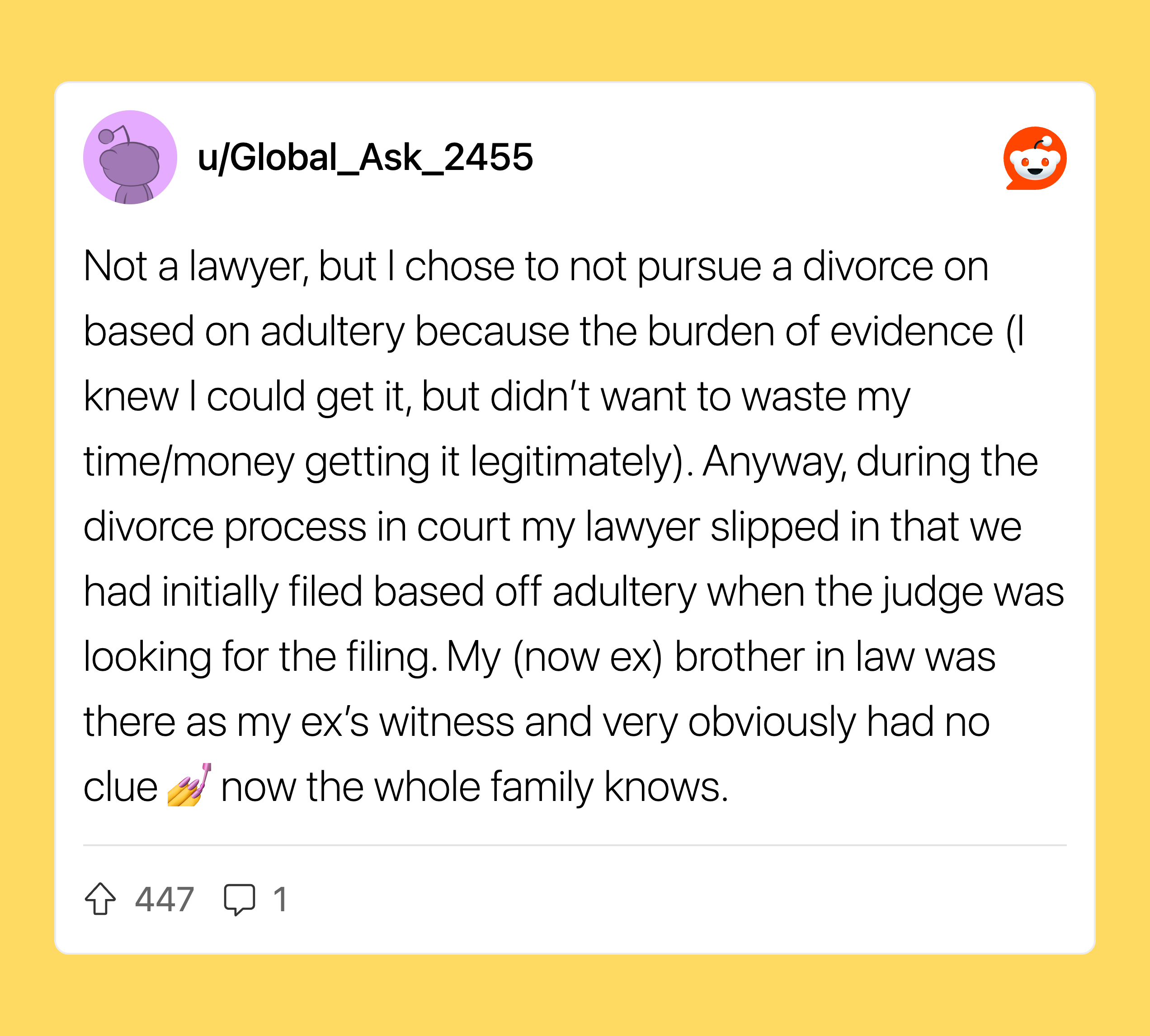 Reddit post about choosing not to pursue a divorce due to evidence issues.