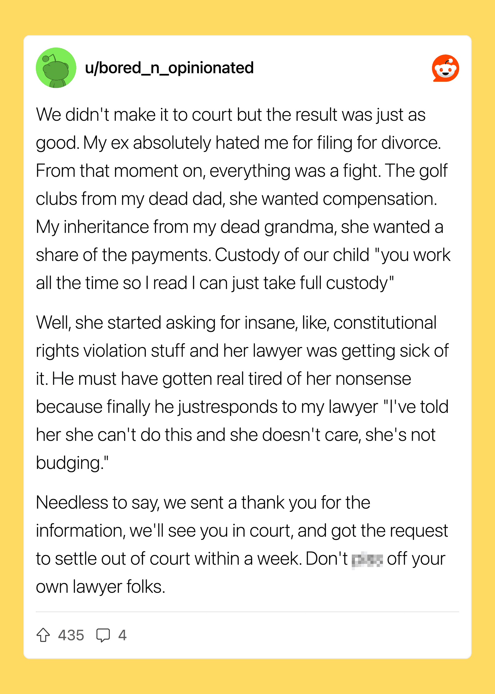 A Reddit post about divorce, inheritance, and legal issues, with a humorous tone.