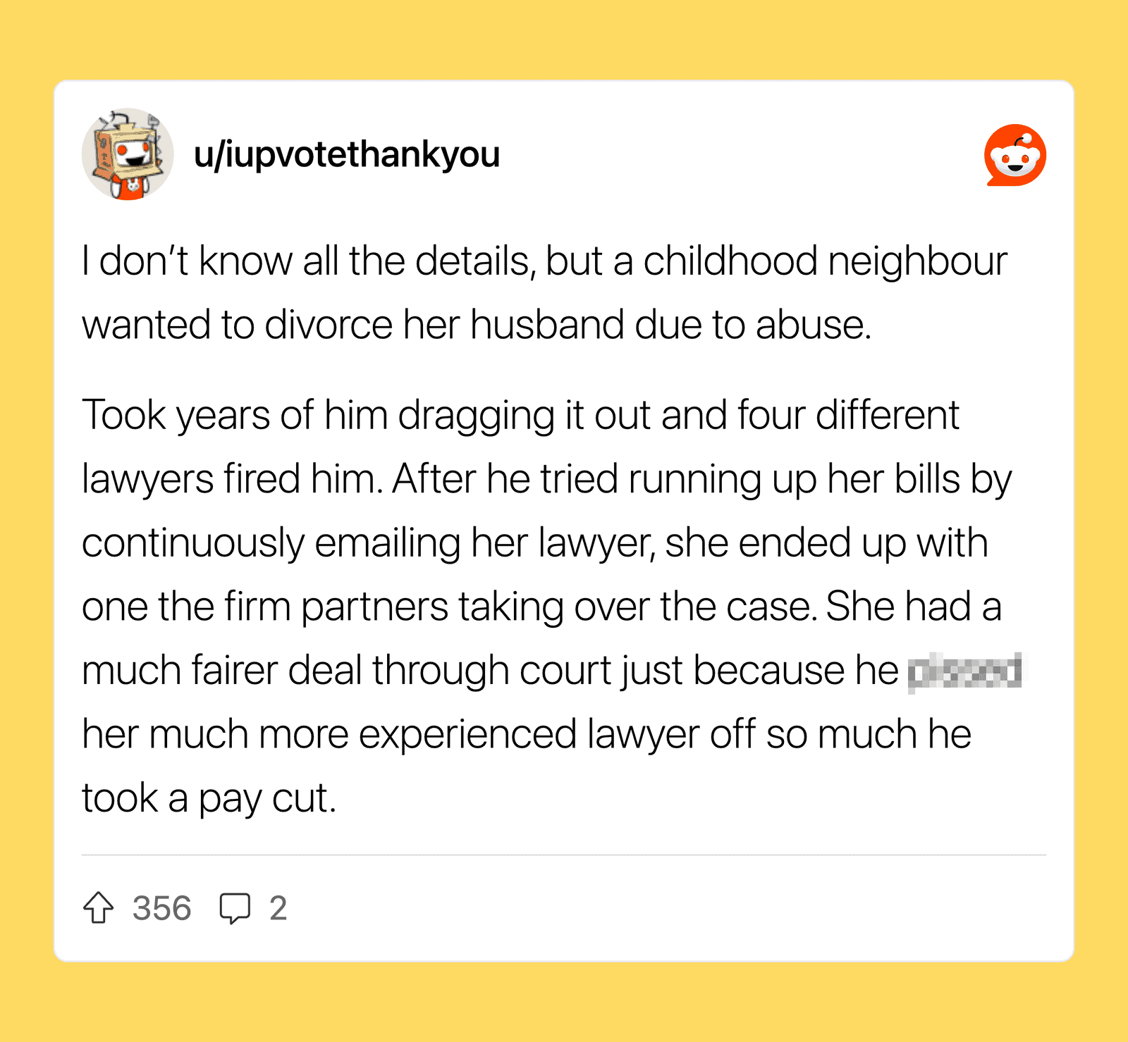 Childhood neighbor wanted to divorce her husband due to abuse, took years, fired lawyers, ended with.