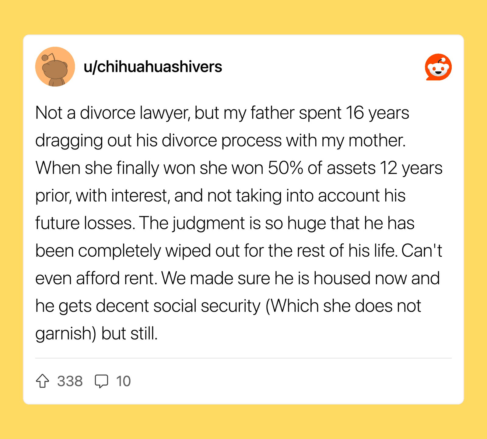 User's Reddit post about father's divorce process and financial issues.