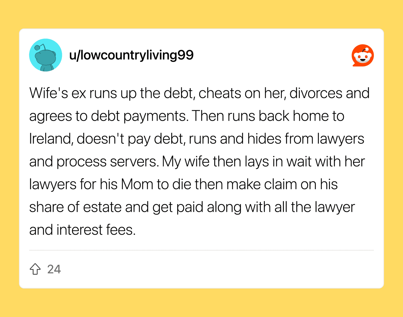 A Reddit post about a wife cheating, divorcing, and legal issues.