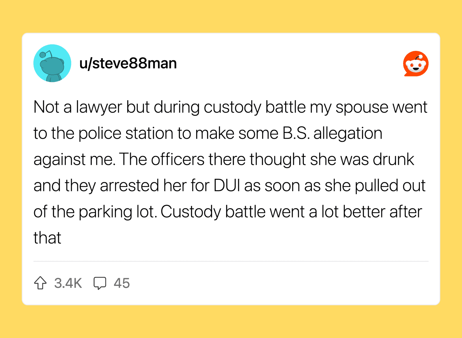 Reddit post about spouse going to police over custody dispute.