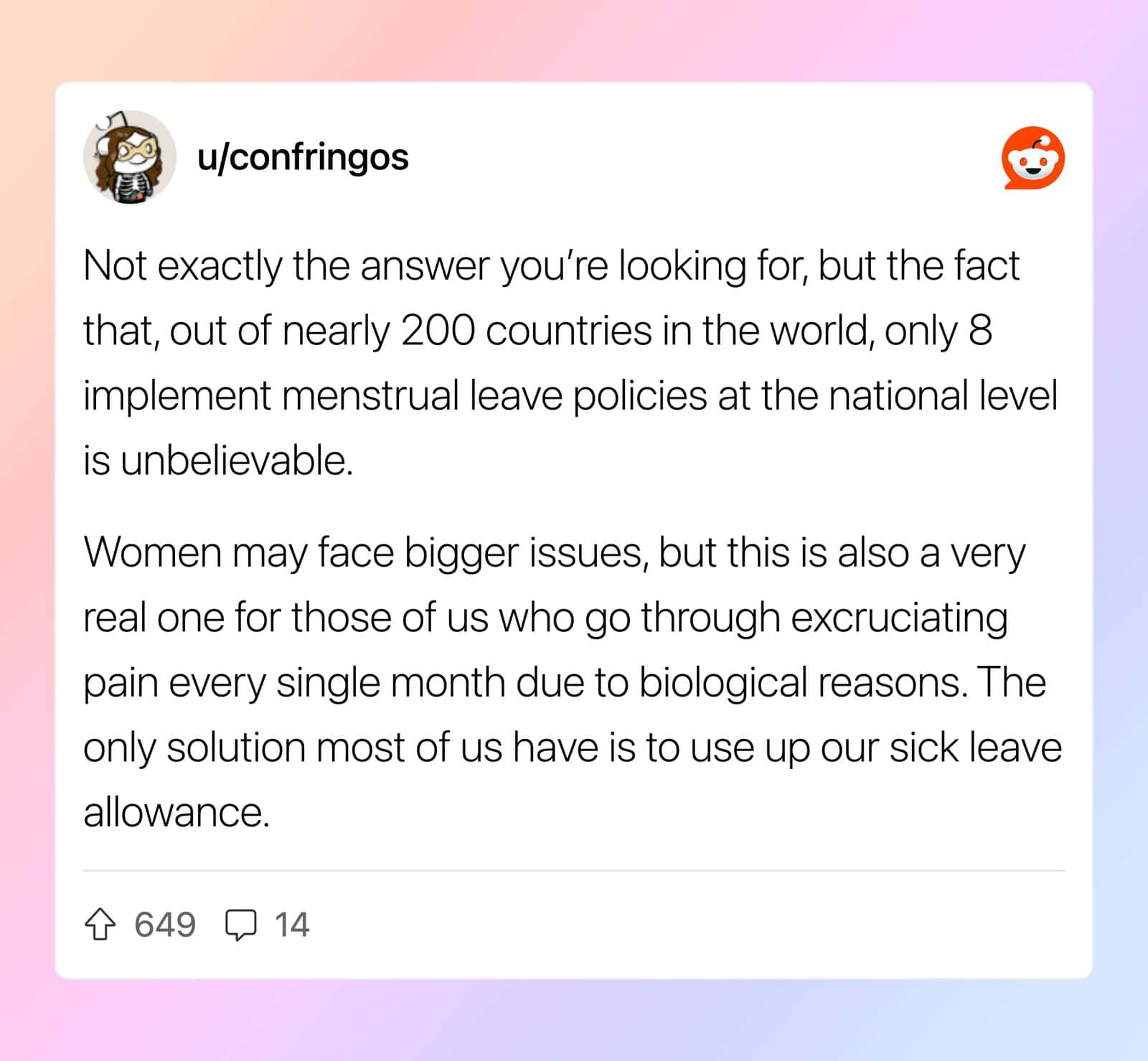 Reddit post discussing global menstrual leave policies and women's issues.