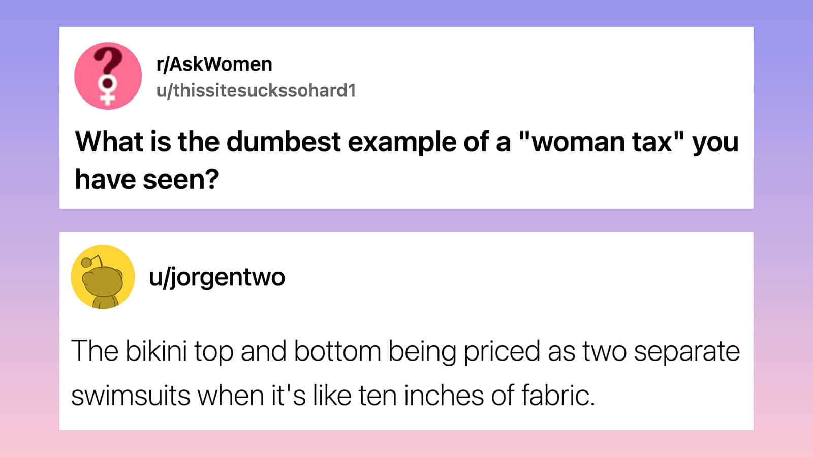Bikini top and bottom priced as separate swimsuits, shown in a social media post.