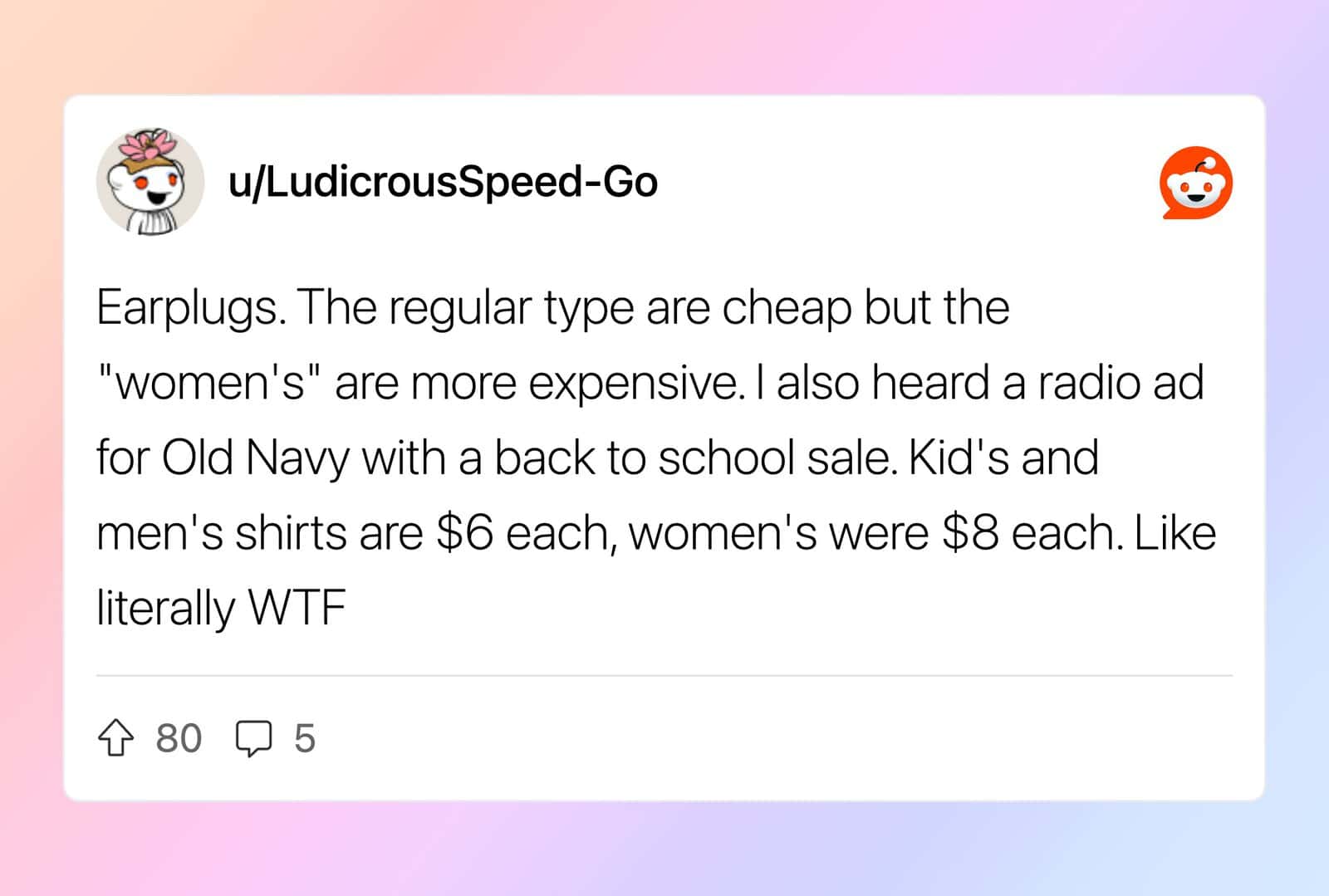 Reddit comment about women's earplugs being more expensive than men's.