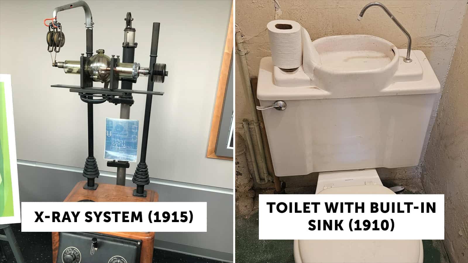 X-ray system from 1915 and a toilet with built-in sink from 1910.