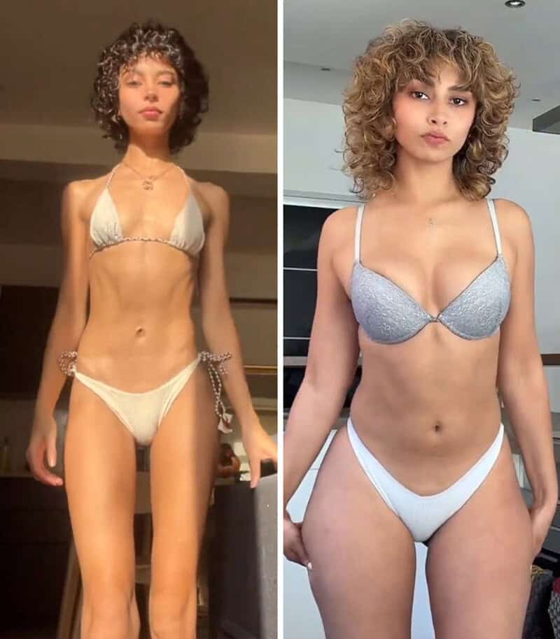 Side-by-side images of a woman before and after weight gain, wearing bikinis.