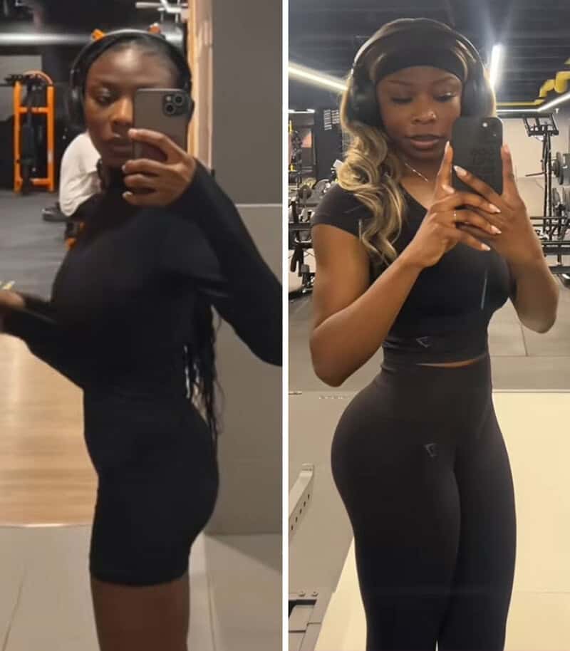 Side-by-side mirror selfies of women in workout gear at the gym.