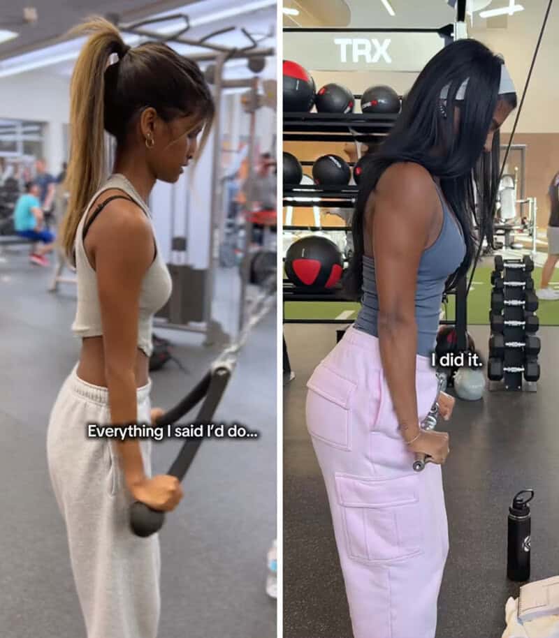 Side-by-side of women lifting weights at gym, one in beige, one in pink, showing progress.