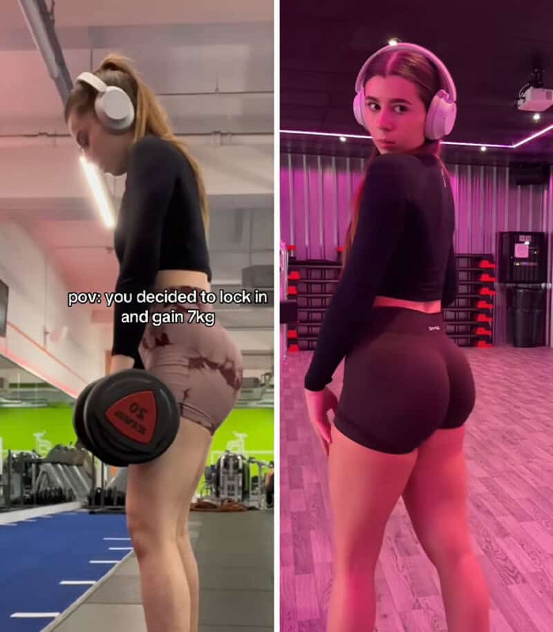 Two women in gym settings, one lifting weights, the other posing, both wearing headphones.